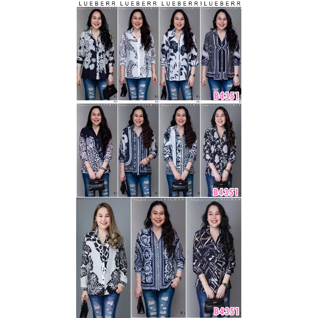 (อก44) B4351 Blueberry Nights เสื้อเชิ้ตแขนยาว ผ้าโพลีเอสเตอร์ผสมชีฟอง พิมพ์ลายทั้งตัว ปลายแขนเชิ้ตติดกระดุม