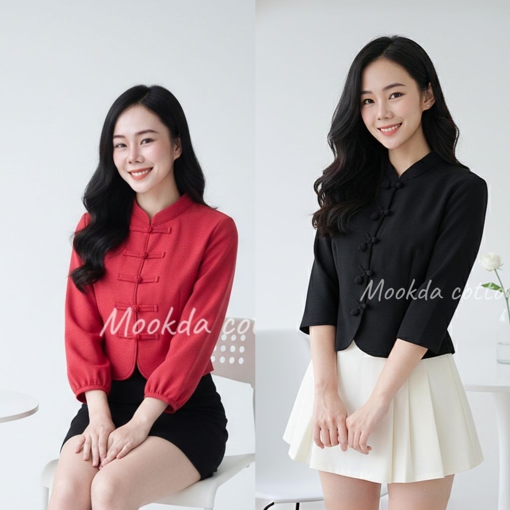 เสื้อผ้าฝ้ายคอจีนอัดกาวเเขนสามส่วน ชายโค้ง กระดุมปั๊ม+ทิวลิป