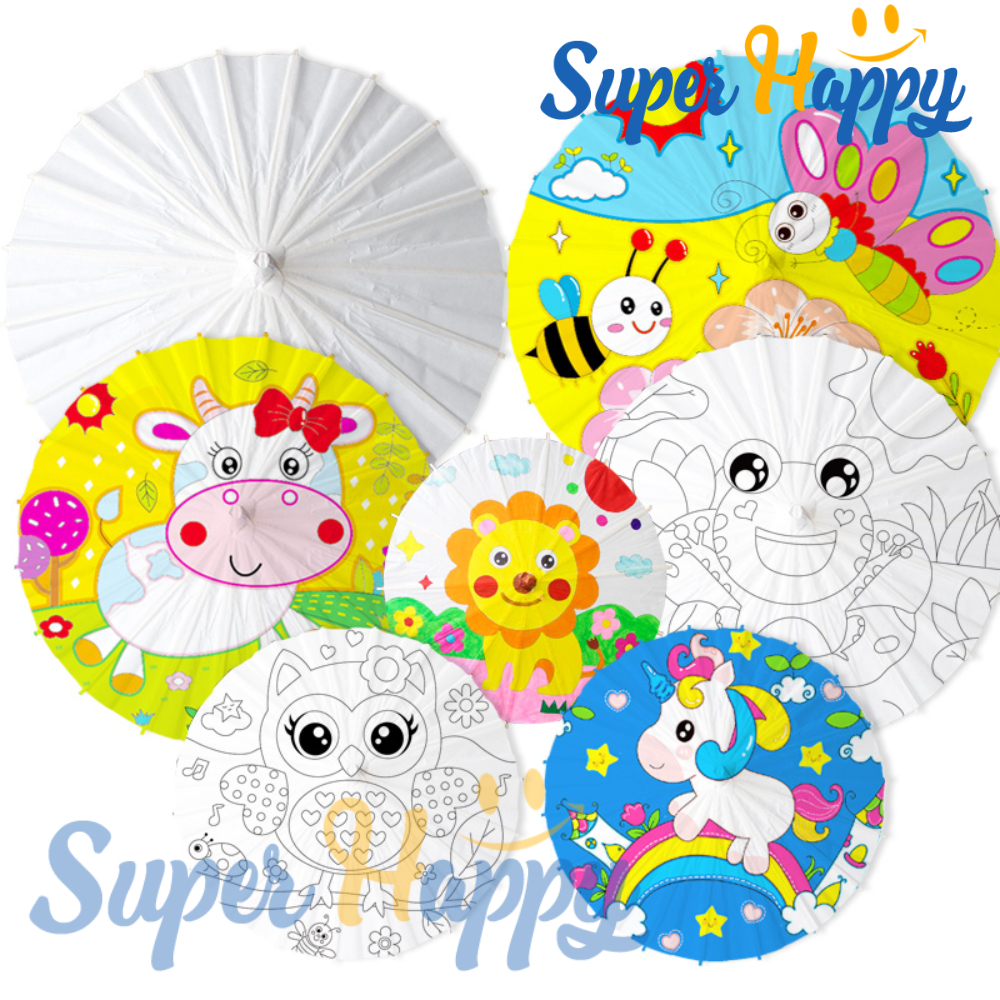 ร่มกระดาษพิมพ์ลายการ์ตูน DIY ด้ามไม้ | ร่มไม้ ระบายสีได้ | งานศิลปะเด็ก ของเล่นเสริมพัฒนาการ