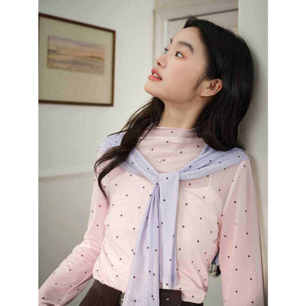 [Preorder] KUOSE : Sheer Polka Dot Long-Sleeve Top – โปรปัง