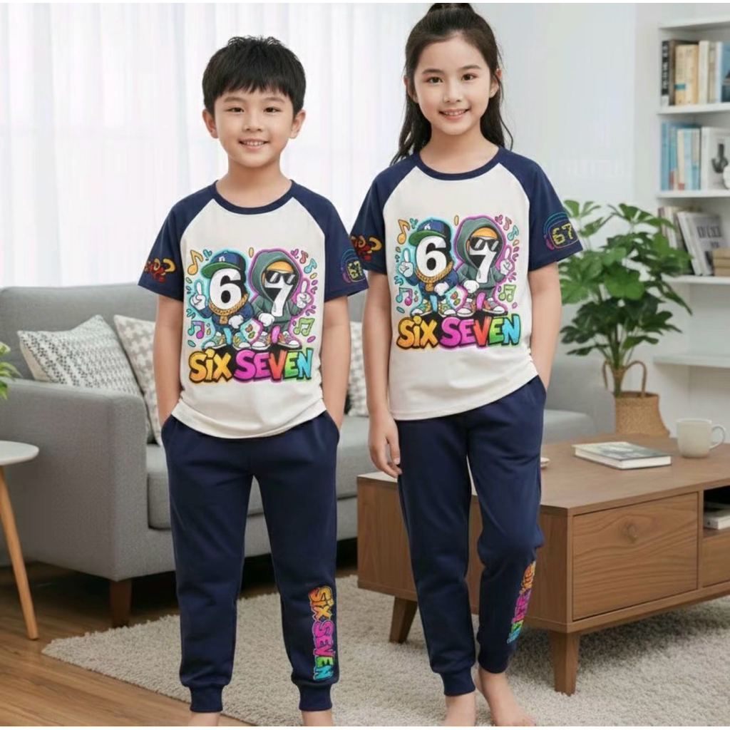 ชุดเซ็ตเด็กลาย 67 เสื้อ+กางเกงขาจั้ม ผ้านิ่มสกีนลายสุดฮิต พร้อมส่ง