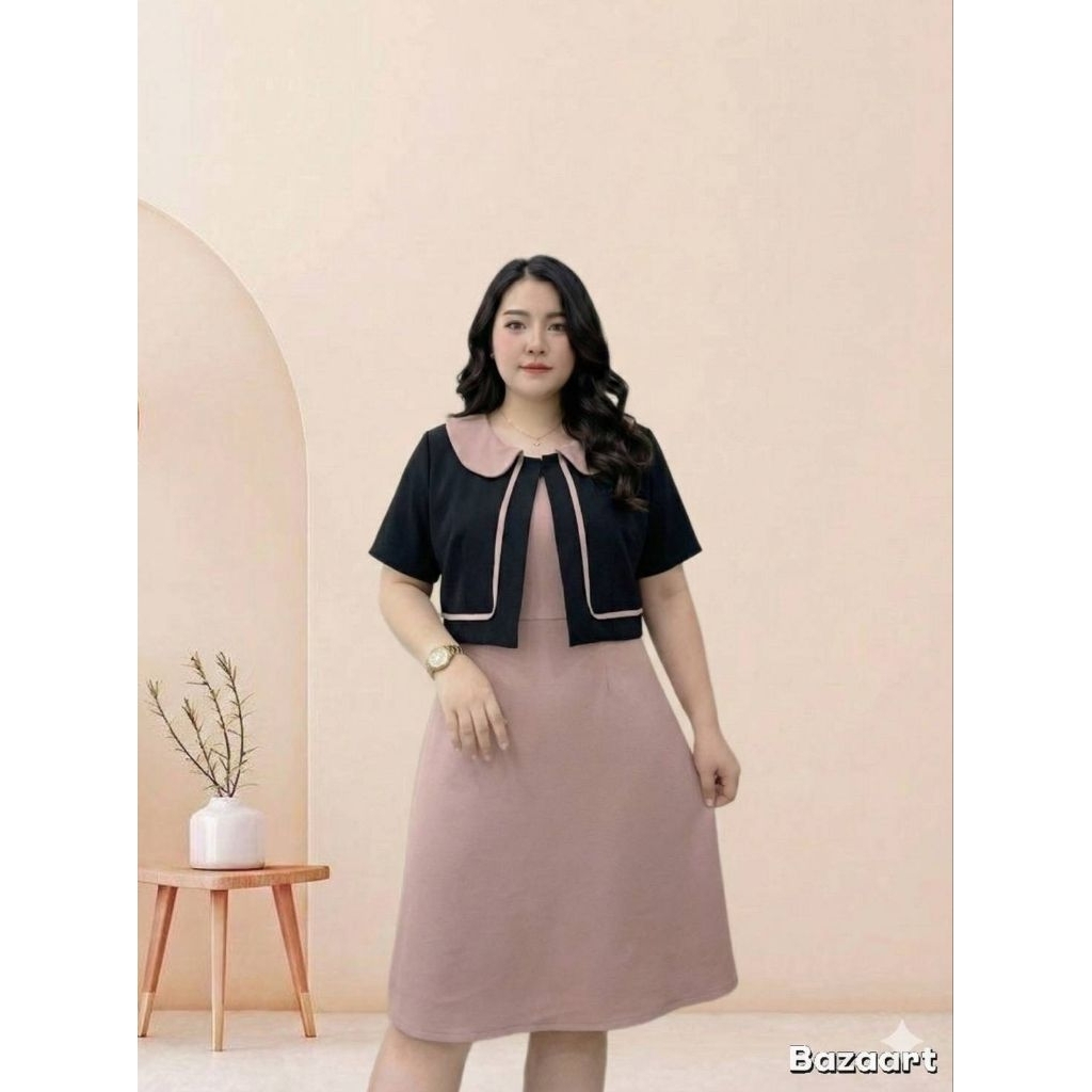 New ชุดเดรสสาวอวบ ผ้าวูลเวฟ ปกบัว แต่งระบายสีทูโทน สม็อคเอวด้านหลัง มีเชือกผูกเอวขนาดฟรีไซส์รอบอก40-47นิ้วความยาว 38นิ้ว