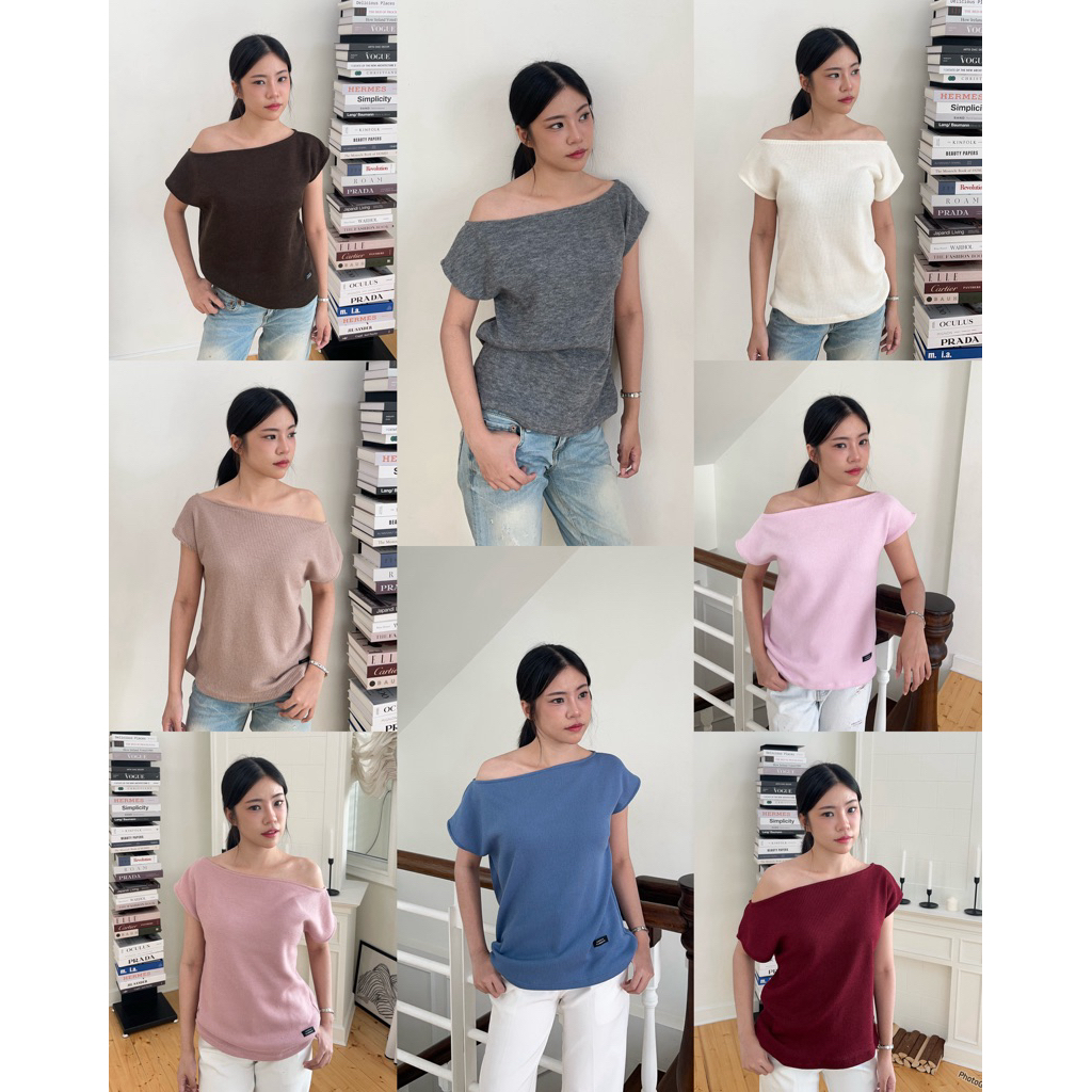 (เติมขาว/แดง )HAPTOP49 Myla top เสื้อปาดไหล่ไหมพรม (happysummer.bkk)