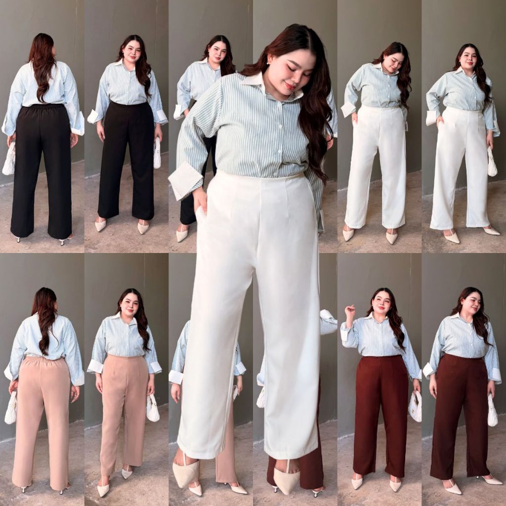 Moonpants กางเกงผ้าทำงานเอวสูงไร้ขอบสาวอวบ*ทรงสวยผ้าพรีเมี่ยม ใส่ออกงานได้ มีซิปข้าง* (Working pants)- รหัส0001