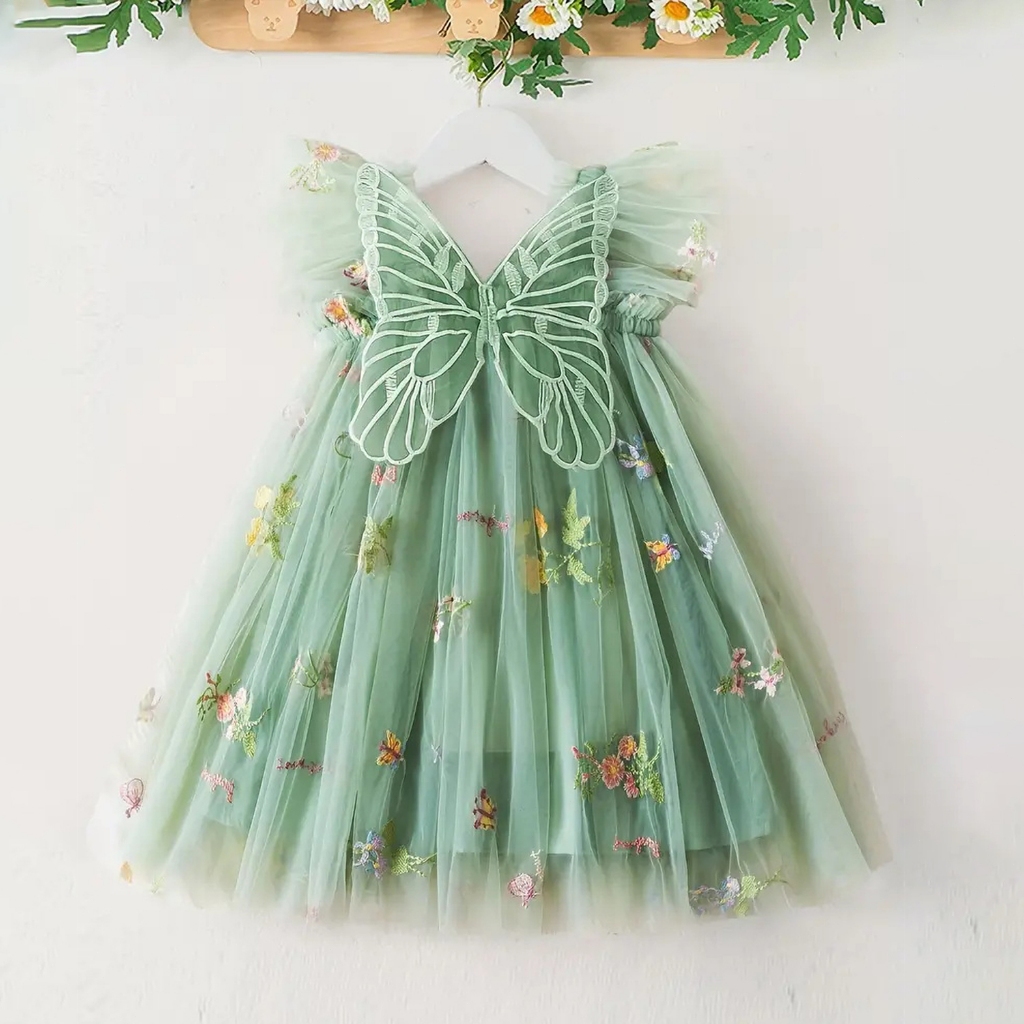 【จัดส่งฟรี】【จัดส่งจากประเทศไทย】ดอกไม้เย็บปักถักร้อยสาวตาข่ายกระโปรงบินแขนเชือกแขวนคอผีเสื้อปีกชุดเด็กอายุ 1-5 ปี