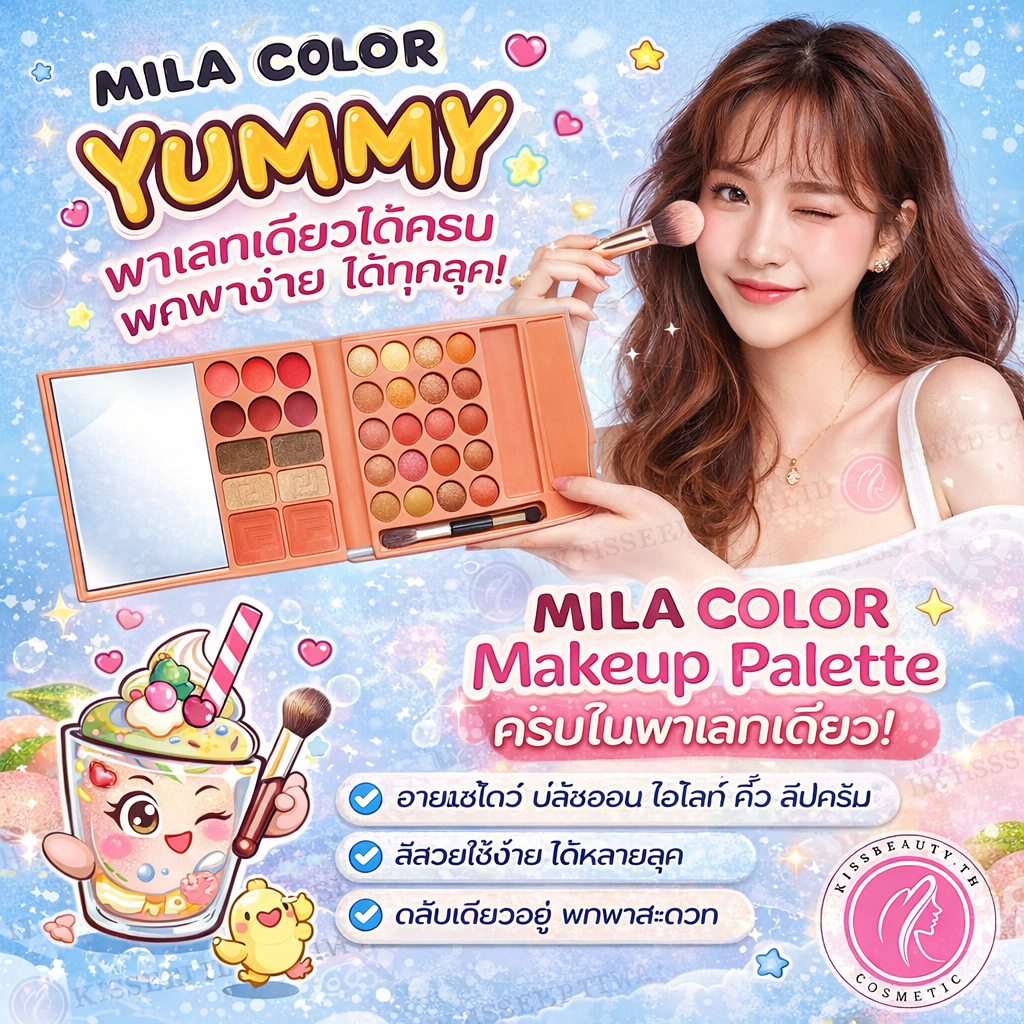 MILA COLOR Makeup Palate พาเลทแต่งหน้ากระเป๋า ปก Yummy ได้ครบในพาเลทเดียว พกพาง่ายสะดวก แต่งได้ทุกลุค