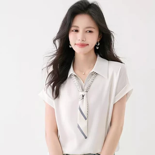 99159 เสื้อเชิ้ตแขนสั้นผ้าซาตินชีฟองแบบใหม่สำหรับผู้หญิง คอปกพับ มาพร้อมเนคไท เหมาะสำหรับฤดูร้อน มีสามสีให้เลือก
