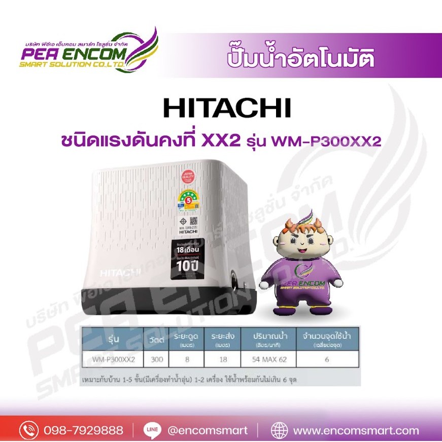 HITACHI ปั๊มน้ำอัตโนมัติ รุ่น WM-P300XX WM-P300XX2 ปั๊มน้ำ ท่อ 1 นิ้ว กำลัง 300 วัตต์ HITACHI WM-P30