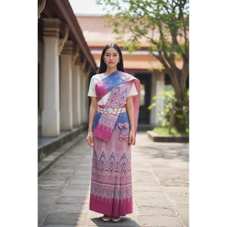 ชุดเชตผ้าถุง ฟรีสไบ+เข็มกลัด จับจีบติดโบว์ ผ้าฝ้ายพิมพ์ลายผ้าหนาผ้าดี ความยาว35นิ้ว เอวฟรีไซสคนอ้วนใส่ได้