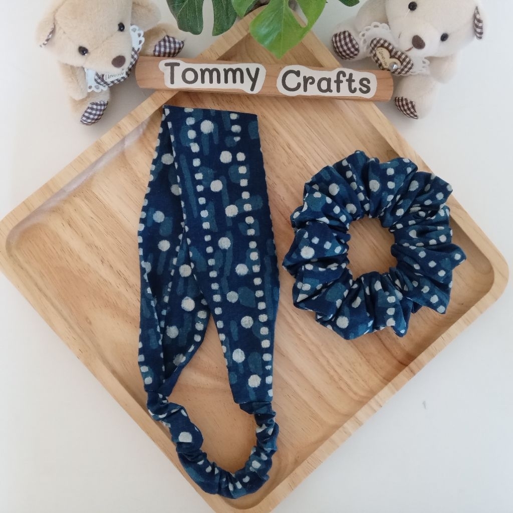 Tommy Crafts เซตผ้าคาดผม + ยางรัดผม / ผ้าคาดผม / ยางรัดผมผ้าฝ้ายอินเดีย Indigo Indian fabric Headban