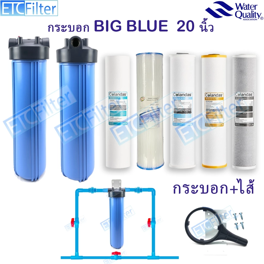 กระบอก BIG BLUE 20 นิ้ว พร้อมไส้ให้เลือก 5 แบบ ท่อขนาด 1 นิ้ว ที่ขัน เหล็กฉาก น๊อต