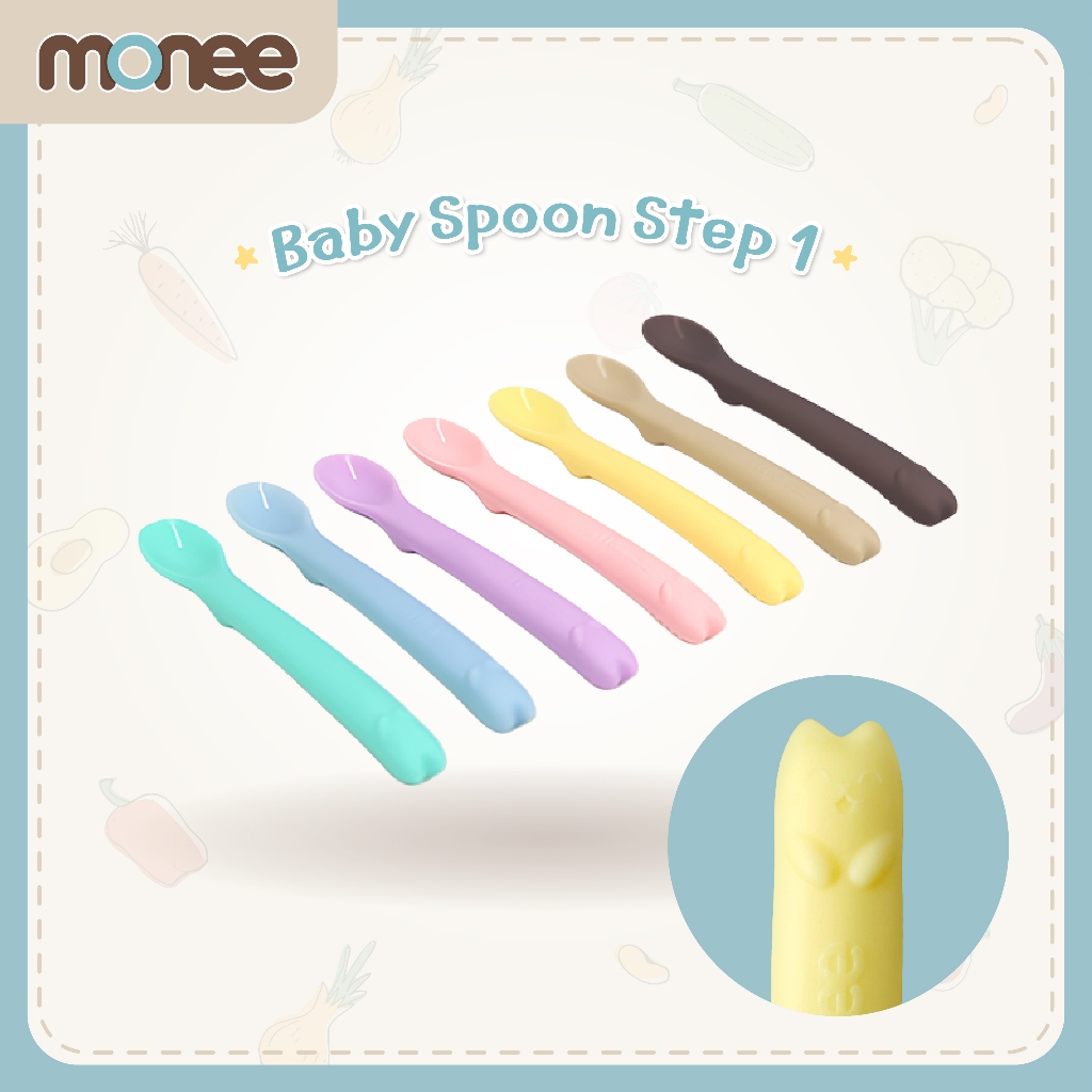 Monee ช้อนซิลิโคนเด็ก สําหรับป้อนอาหารเด็กทารก ปลายนิ่ม มีปุ่มกัด Silicone Baby Food Spoon Step 1