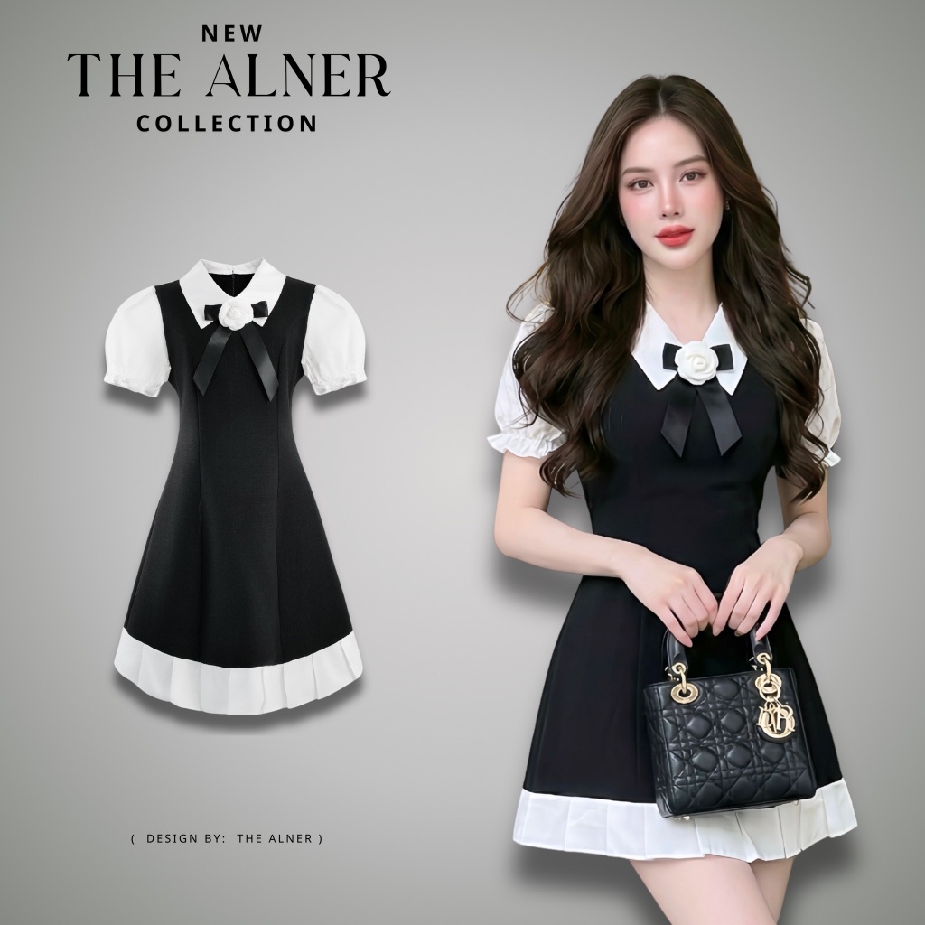 Thealner-AN254 (เดรสดำคอปกขาวแขนตุ๊กตาแต่งชายจีบ)