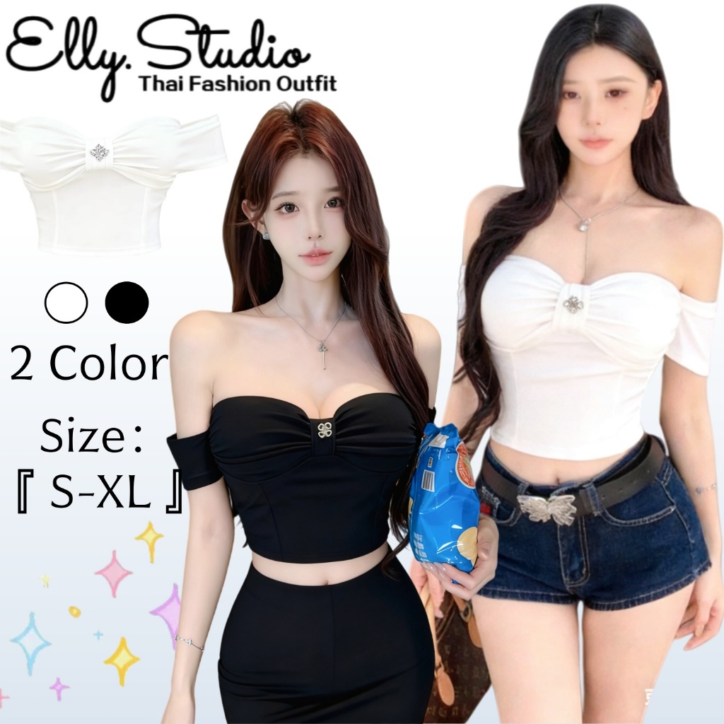 ELLY พร้อมส่ง🧺เสื้อปาดไหล่เซ็กซี่ผู้หญิง🎀ทรงรัดรูป เอวลอยครึ่งตัว​ สีพื้น เสื้อครอปY2K แฟชั่นสาวเกาหลี ชุดไปคาเฟ่ ไปทะเล