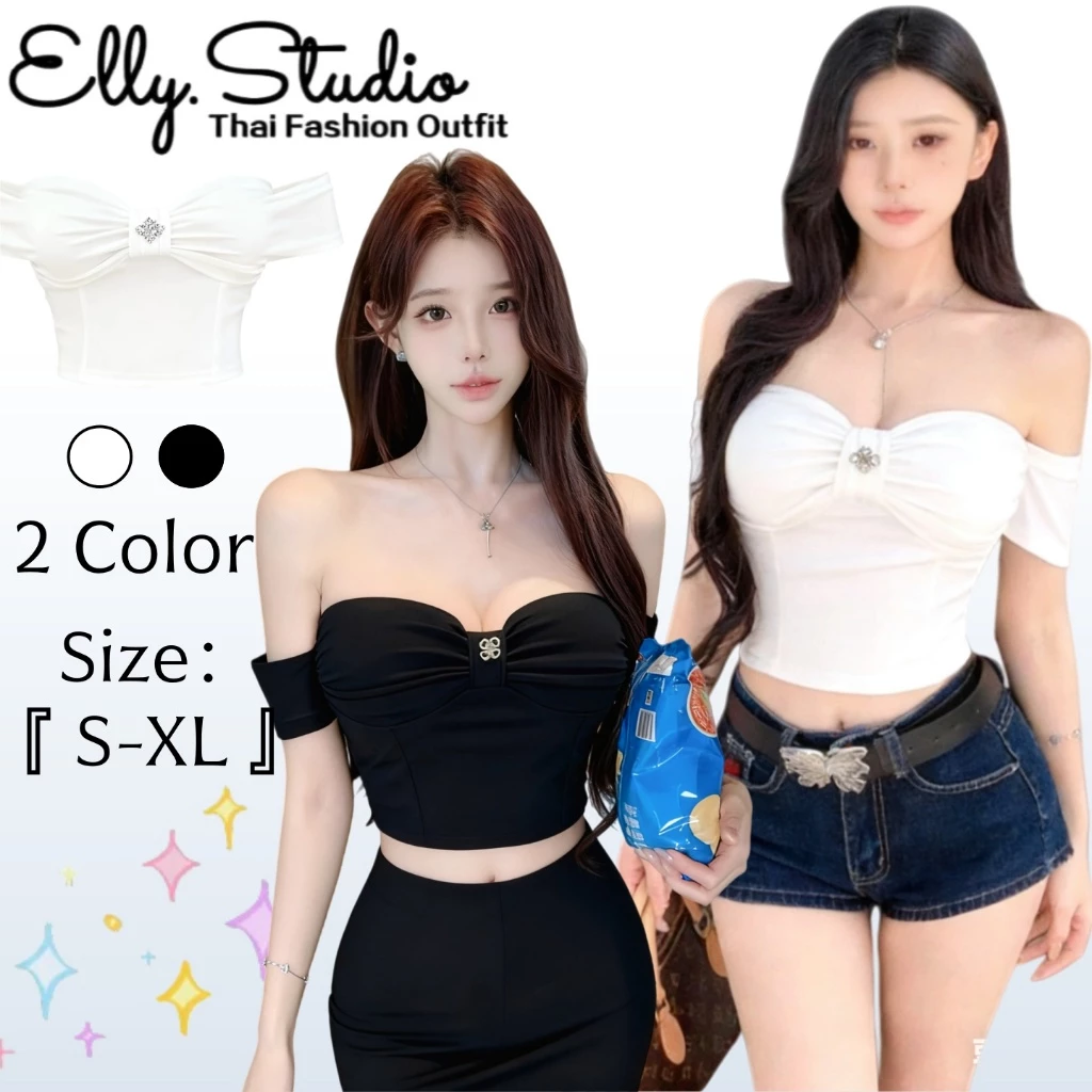 ELLY พร้อมส่ง🧺เสื้อปาดไหล่เซ็กซี่ผู้หญิง🎀ทรงรัดรูป เอวลอยครึ่งตัว​ สีพื้น เสื้อครอปY2K แฟชั่นสาวเกาหลี ชุดไปคาเฟ่ ไปทะเล