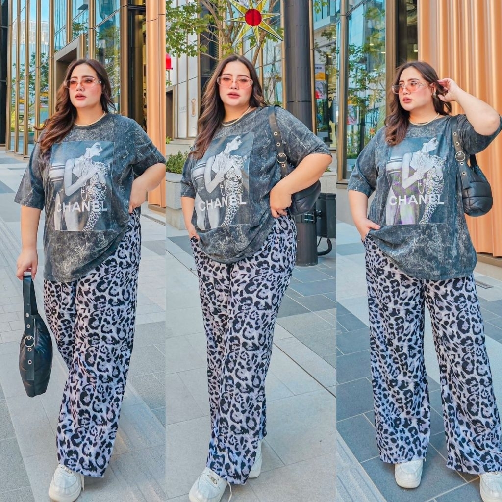 Leopard Bleach Set ชุดเซต เสื้อยืดผ้าฟอกวินเทจสกรีน+กางเกงกระบอกใหญ่ลายเสือดาว อก 38-62 นิ้ว