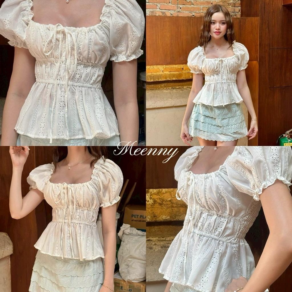 Meenny Closet |  YY (มีSize)เสื้อน่ารักเเขนตุ๊กตาปักฉลุปรับสายได้