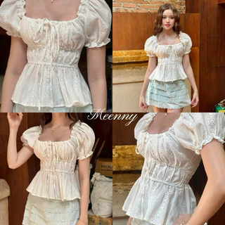Meenny Closet | YY (มีSize)เสื้อน่ารักเเขนตุ๊กตาปักฉลุปรับสายได้