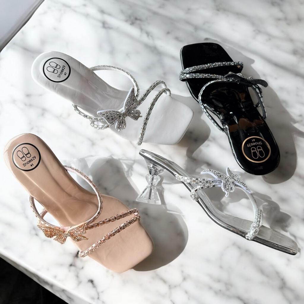 รองเท้าไซส์ใหญ่  (Size 41-48)  รองเท้าส้นหัวใจสูง 3 นิ้ว สวมเพชร(ผีเสื้อ) FH-111 รองเท้าติดแกรม สวย  ดูแพง รองเท้าออกงาน