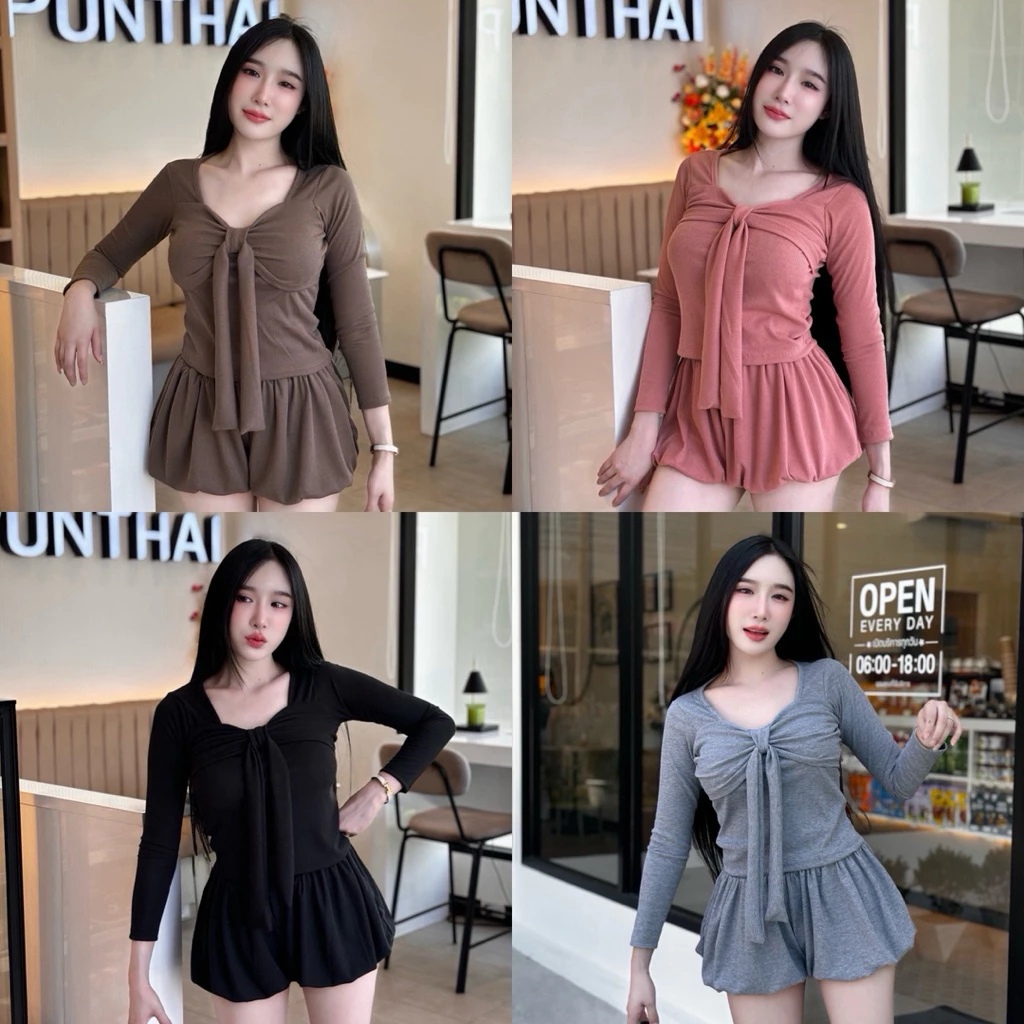 เซ็ทเสื้อแขนยาวผูกโบว์คู่กางเกงบอลลูน 2 ชิ้น (ผบ2 )สำหรับผู้หญิง ดีไซน์สุดชิค ใส่สบาย