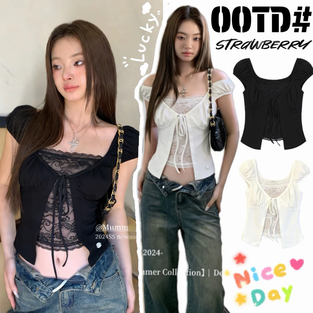 STR พร้อมส่ง🍦💗เสื้อแขนตุ๊กตา ดีเทลมีลูกไม้ด้านใน เสื้อปาดไหล่ทรงครอปเเขนสั้นผ้าเรอยนแต่งเชื่อกผูกโบว์ Y2Kสไตล์เซ็กซี่