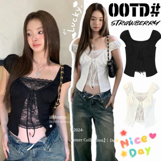 STR พร้อมส่ง🍦💗เสื้อแขนตุ๊กตา ดีเทลมีลูกไม้ด้านใน เสื้อปาดไหล่ทรงครอปเเขนสั้นผ้าเรอยนแต่งเชื่อกผูกโบว์ Y2Kสไตล์เซ็กซี่