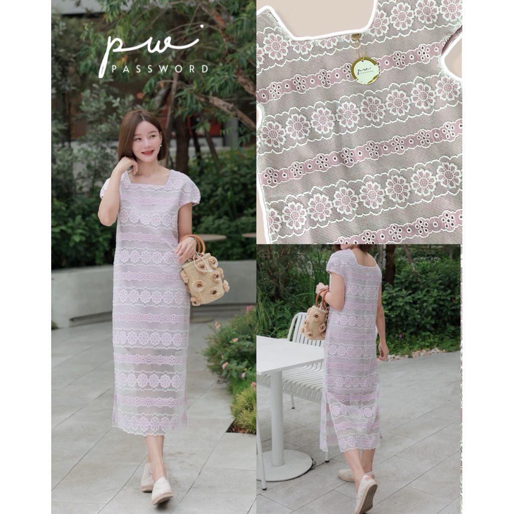 Password 6251 เดรสผ้าลูกไม้ลายเส้นดอกไม้สวยเด่น นี้ลายและสีน่ารัก