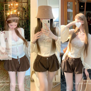 กางเกงขาสั้นเอวต่ำ ผู้หญิง Y2K ทรงพอง กางเกงลำลอง ลุคหวานแซ่บ Brown Puffy Shorts | Black Cherry