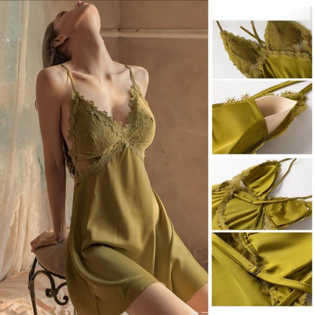 ชุดเดรสสายเดี่ยว💚 ชุดนอนซาตินผ้าลื่น น้ำหนัก 40-100kg เซ็กซี่ ลูกไม้ซาติน โพลีเอสเตอร์ คอวี M-3XL