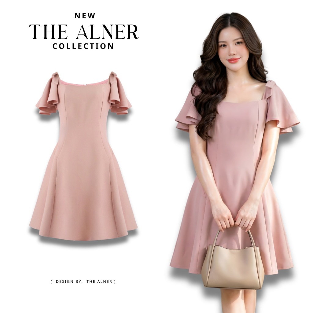 Thealner-AN682 (เดรสชมพูคอเหลี่ยมแต่งโบว์ไหล่)