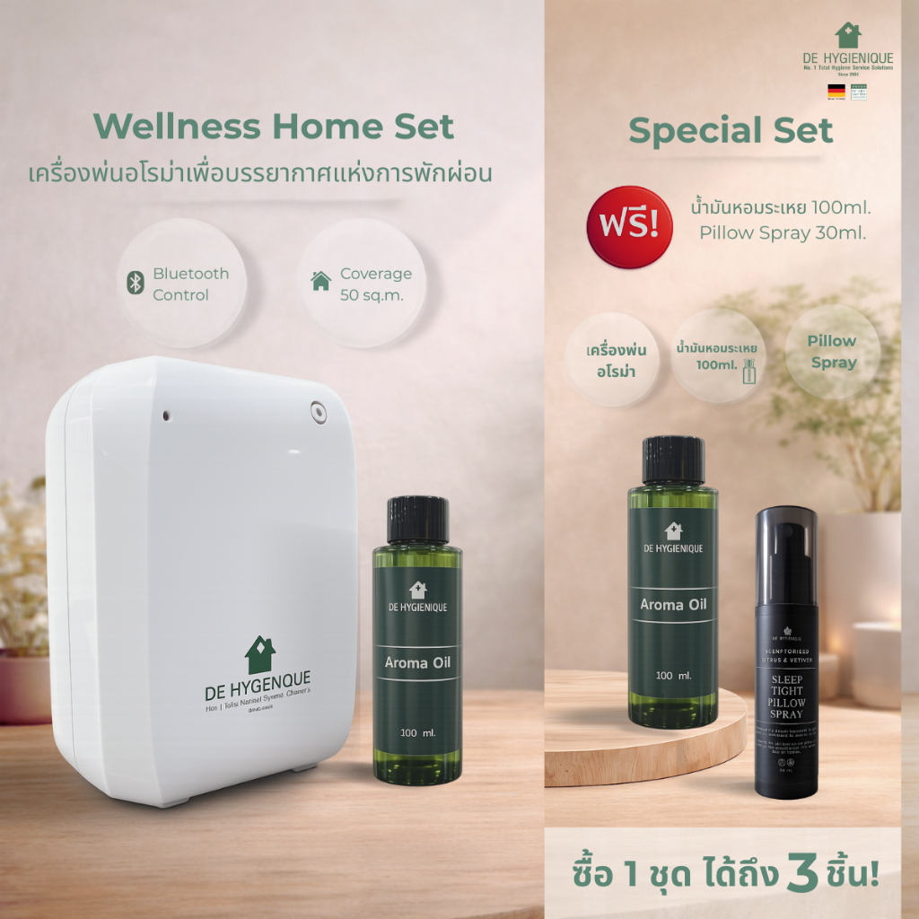 De Hygienique | Wellness Home Set เครื่องพ่น อโรม่ารุ่นBluetooth พร้อม น้ำหอม ปรับอากาศ ขนาด100ml. x2 และ สเปรย์ฉีดหมอน – โปรปัง
