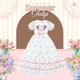 (มี3XL) Maria Diamond สีขาว Summer Tulip Dress เดรสยาวผ้าชีฟองปักทิวลิป แต่งโบว์หน้า แขนสั้นตุ๊กตา ซิปหลัง มีซับใน