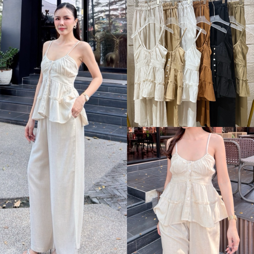 T28001เสื้อสายเดี่ยว/กางเกงขายาวผ้าลินิน