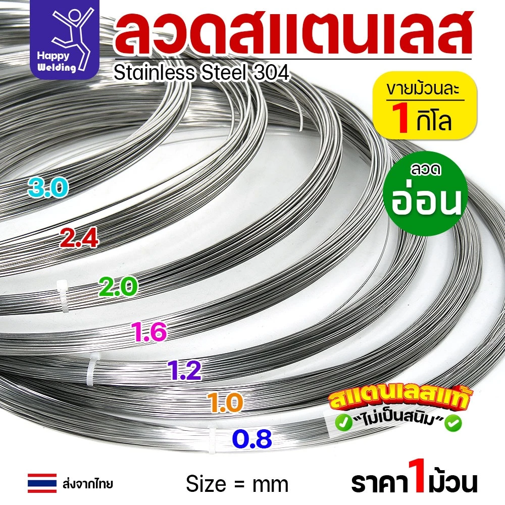 ลวดสแตนเลส ลวดเติม ลวดม้วน เกรด304 ดีที่สุด (แบ่งขาย ม้วนละ 1กิโล) มีขนาด 0.8-3.0 มิล ผิวเงา