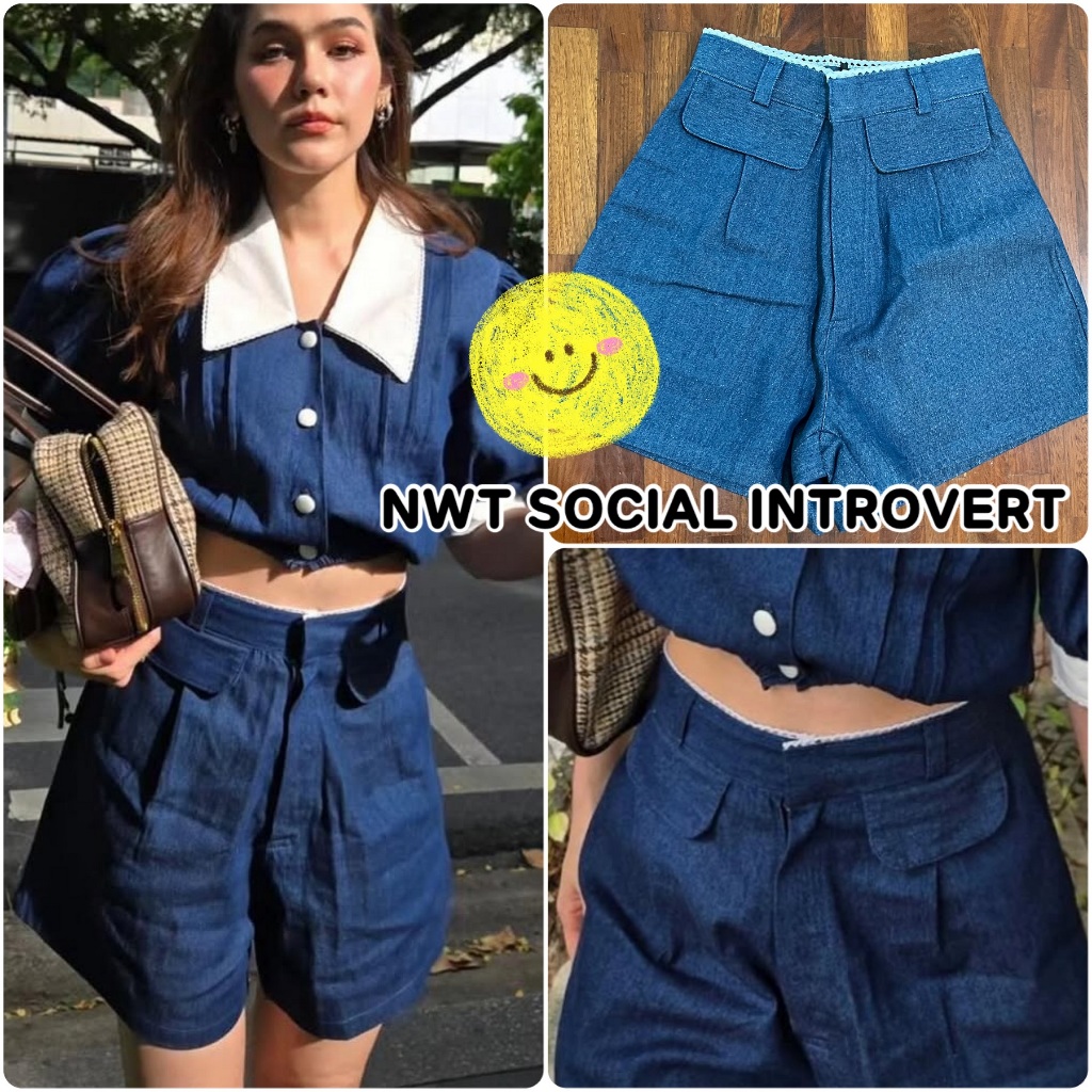 THE SOCIAL INTROVERT กางเกงยีนส์ขาสั้น ขอบเอวแต่งลูกไม้ size S-NWT