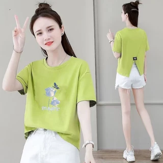 เสื้อครอปสั้นทรงหลวมทันสมัยและใส่ได้หลา Oversize เสื้อยืดแขนสั้นสำหรับผู้หญิง มี slits ด้านหลัง สไตล์ใหม่สำหรับฤดูร้อน