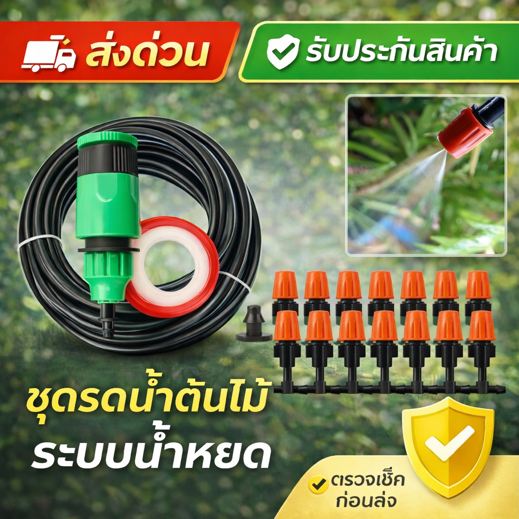 ชุดหัวพ่นหมอก  หัวน้ำหยด ลดฝุ่น PM 2.5 10 - 20 หัว พร้อมสาย 10m 20m 30m ครบชุด ติดตั้งได้ทันที ชุดใหญ่