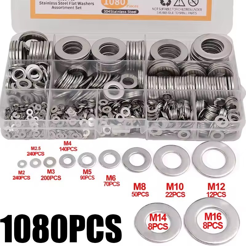 พร้อมส่ง ชุดแหวนรองโลหะ Assortment 900/1080 ชิ้น รวมหลายขนาด M2-M12 เหมาะสำหรับโรงงาน อู่ซ่อม งานช่าง และงานติดตั้ง