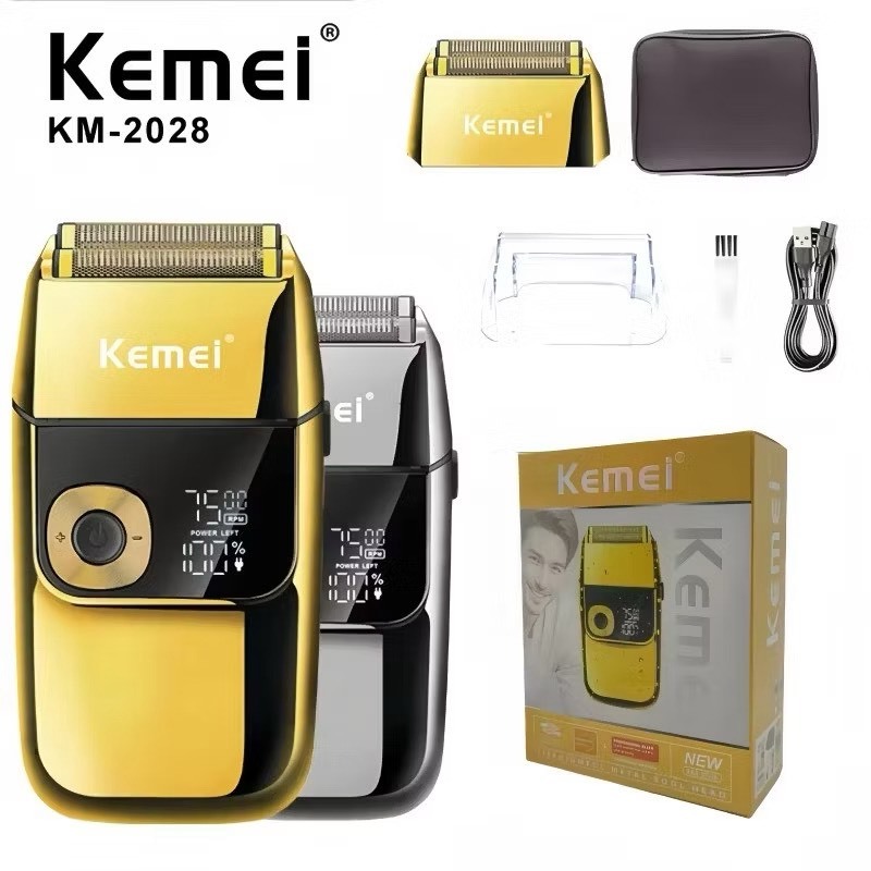 Kemei Shaver Km-2028 เครื่องโกนหนวดไฟฟ้าฟอยล์ เครื่องโกนหนวดไร้สาย หน้าจอดิจิตอล พร้อมกระเป๋า