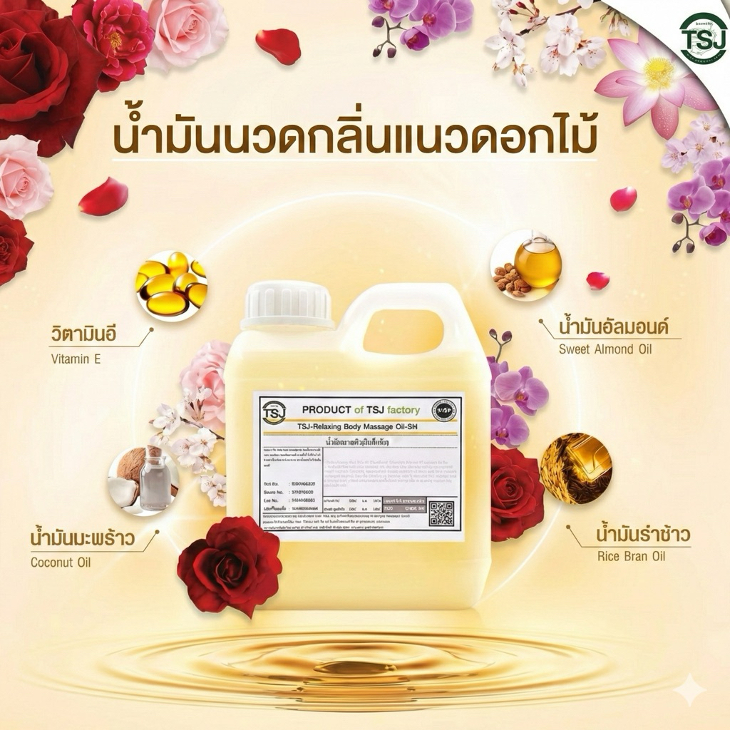 TSJ น้ำมันนวดตัว นวดอโรม่า กลิ่นแนวดอกไม้  ขนาด1ลิตร(1000ml.) หอมหวาน ผ่อนคลาย เย้ายวนชวนหลงไหล มีให้เลือกหลากหลายกลิ่น