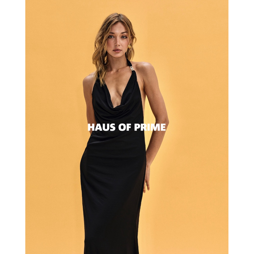 PRIME: ชุดเดรส คอถ่วง Hugel draped neck maxi dress mesh (ผ้าจะค่อนข้างบาง)