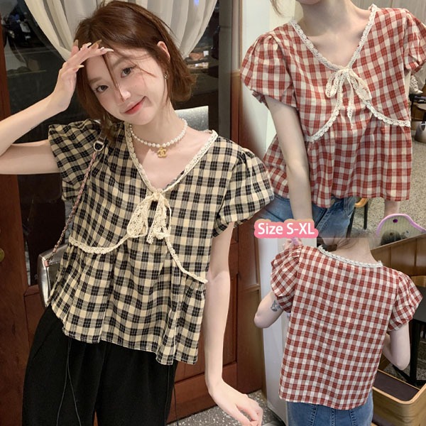Chili#เสื้อเชิ้ตลายสก็อตผู้หญิงฤดูร้อนใหม่สไตล์เกาหลีย้อนยุคลูกไม้ฟองลูกไม้หวานออกแบบตุ๊กตาด้านบน#W632