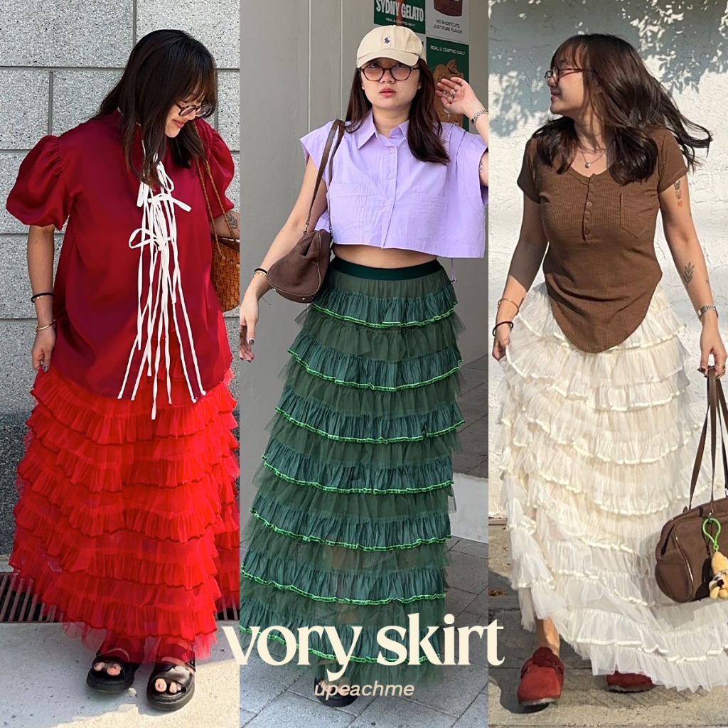 *มีส่งด่วน/ทันที* upeachme(H6.1) VORY SKIRT (เอว24-44) กระโปรงยาวระบาย7ชั้น กระโปรงยาวผ้ามุ้งผ้าชีฟอง กระโปรงยาวพลัสไซส์