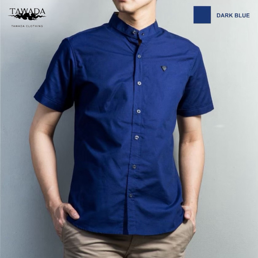 เสื้อเชิ้ตสีกรมท่าคอจีนแขนสั้นทรง Slimfit ผ้า Oxford Cotton100% แบรนด์ TAWADA รุ่น T010-NAVY BLUE