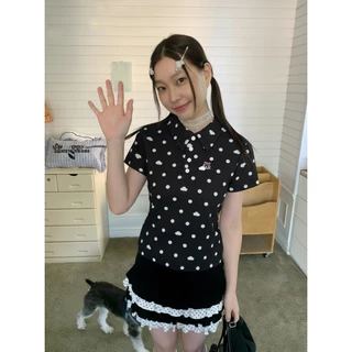 B&R พร้อมส่ง เสื้อโปโลลายจุดสำหรับผู้หญิง เสื้อยืดแขนสั้นคอปกปักรูปหัวใจ เสื้อสไตล์เรโทรน่ารักๆ สำหรับฤดูร้อน ขนาดS-2XL