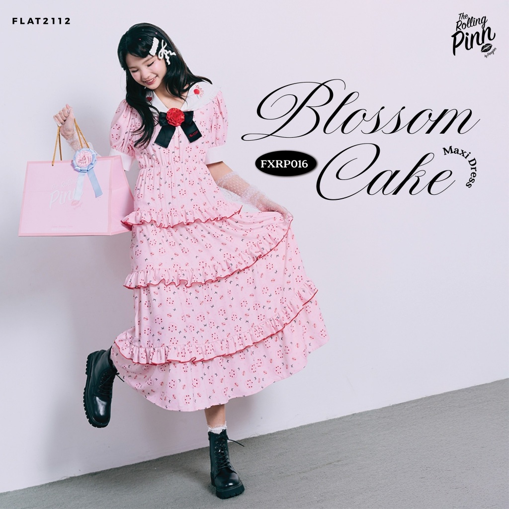 FLAT2112 : BLOSSOM CAKE MAXI DRESS เดรสยาวสีชมพู เดรสลายดอก เดรสผูกโบว์ เดรสหวาน เดรสใส่เที่ยว ใส่แล้วดูละมุนทุกมุม (FXR