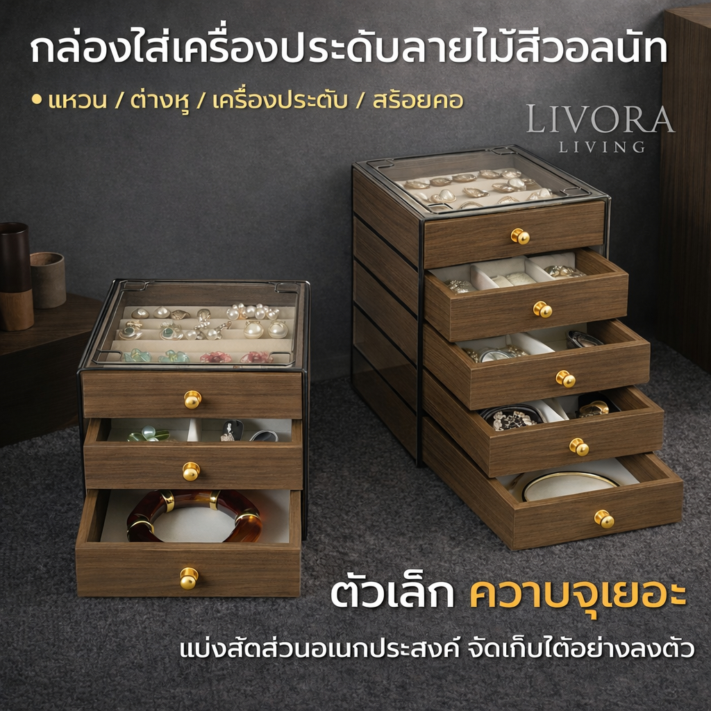 กล่องใส่เครื่องประดับไม้ลายวอลนัท แบบลิ้นชัก 3/5 ชั้น จัดเก็บเป็นสัดส่วน ดีไซน์เรียบหรู