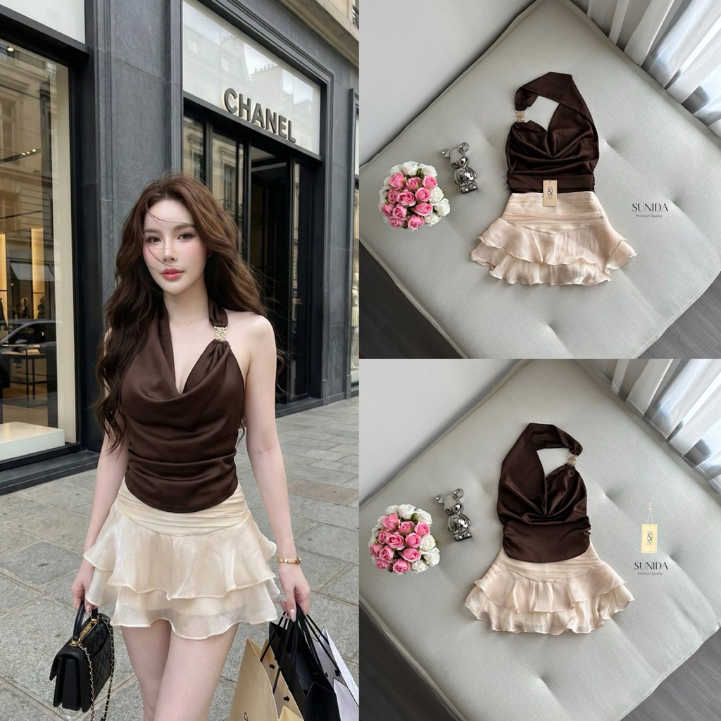 SUNIDA ชุดเซต2 ชิ้น เสื้อคอถ่วงสีน้ำตาลเข้มอยู่