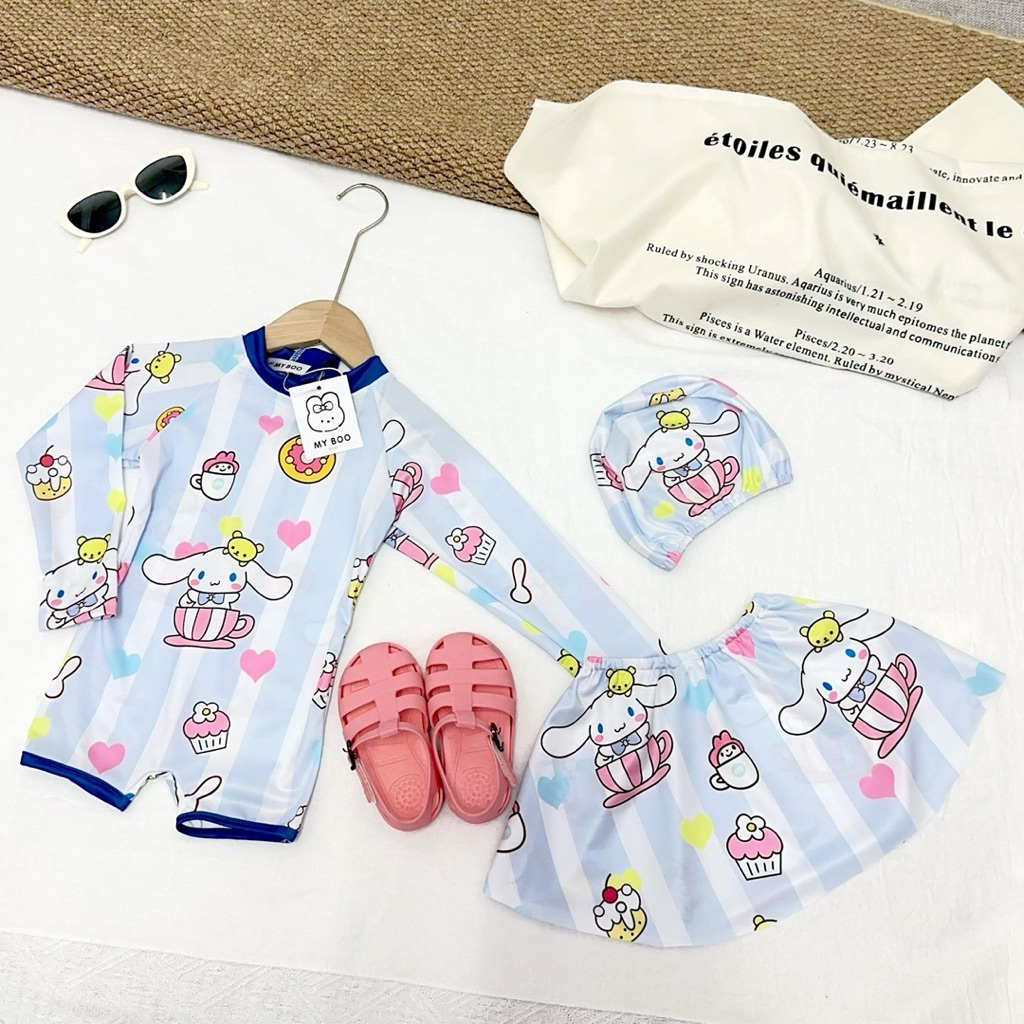 ชุดว่ายน้ำลูกสาว sanrio มีซิปหลัง แถมหมวก คอลใหม่มายบู น่ารักทุกลาย ขนาด : 100-160 มี 4 สี