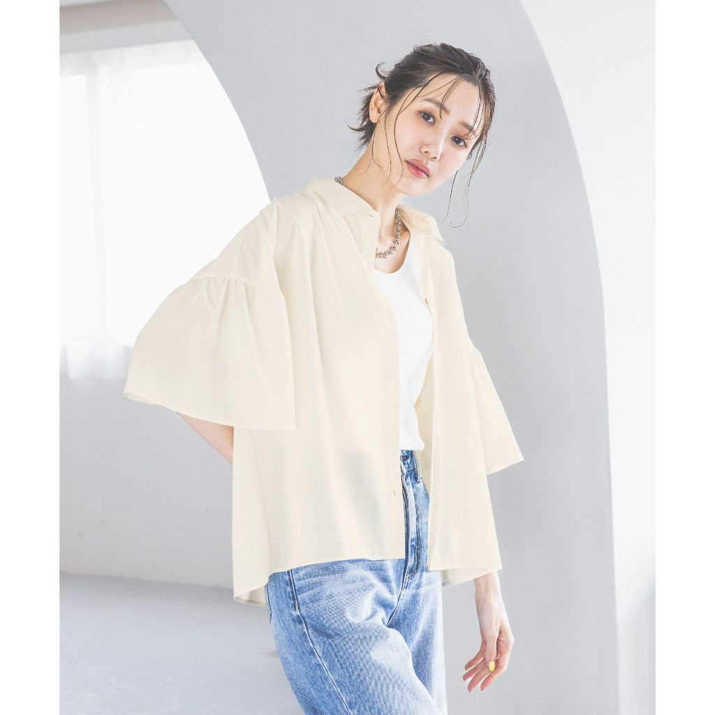 GLOBAL WORKเสื้อเชิ้ตเบลาส์ แขนระบาย แห้งง่าย Easy-care flare sleeve shirt
